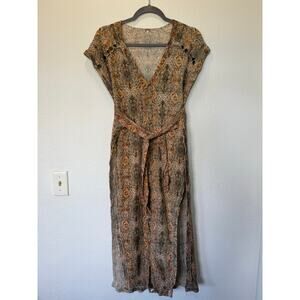 Free People Farrah Bohemian Printed Midi Dress Soft Peach Sz S Linen Blend Boho
